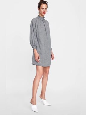 Zara | Basic | Gingham Checked | Shift | Mini | Dress | Puff Sleeve | Size XS